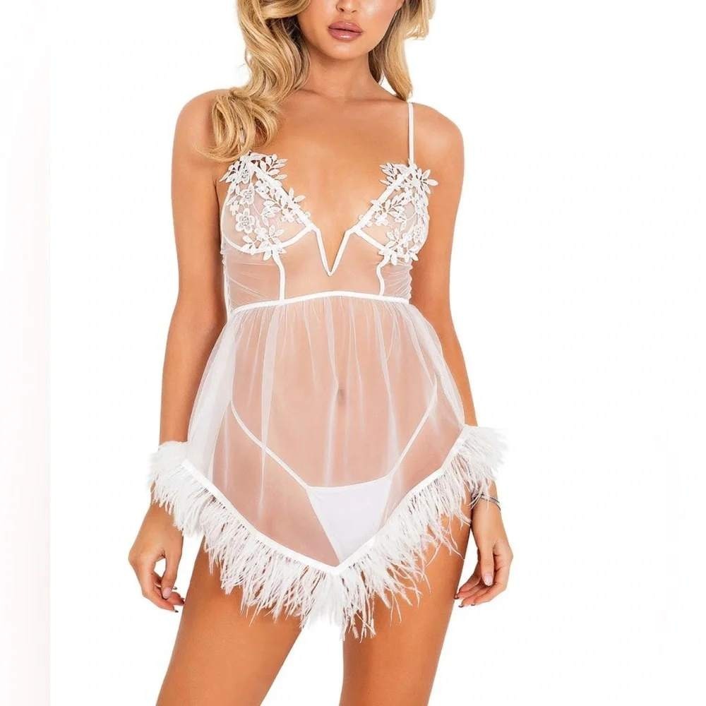 Roma White Bridal Corset Chemise Ostrich Feather Trim Women M Romantic Lingerie